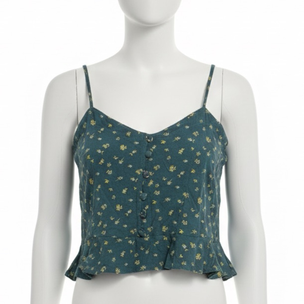 Cute Teal/Blue Ditsy Floral Print Ruffle Hem Crop Cami Small